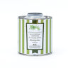 Green and white tin of rosemary flavored olive oil on a white background
