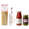 Zia Pia organic pasta, extra virgin olive oil, tomato sauce, and pesto on a white background