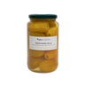 Jar of yellow tomatoes with a label on a white background