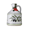 Hand painted ceramic jug with a white base color, green olive branch with leaves and black olives decoration, filled with extra virgin olive oil.