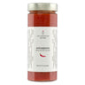 A jar of Arrabbiata tomato sauce with chili peppers with a white label on a white background