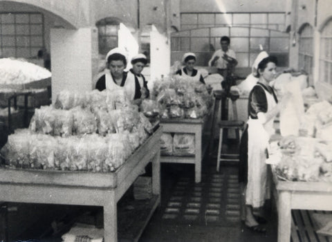 Black and white photo of San Carlo potato chip factory