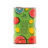 A tin of Frantoio Muraglia Extra Virgin Olive Oil with a colorful label featuring images of citrus fruits and olives.