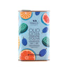 A tin container of Peranzana Extra Virgin Olive Oil with a colorful label featuring illustrations of olives, oranges, and other fruits.