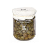 A glass jar containing capers in extra virgin olive oil with a white lid and label displaying the brand and product name.