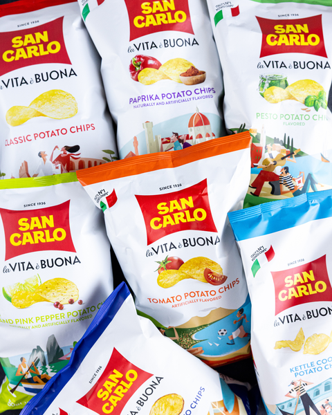 San Carlo potato chip packages with various flavors on a colorful background