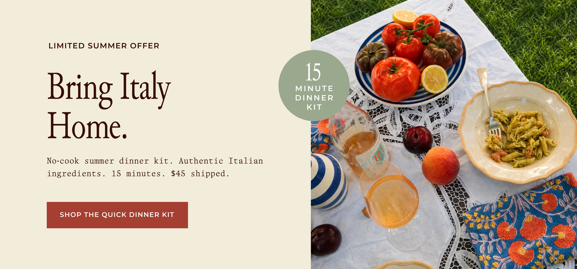 Italian meal at a rustic outdoor table with Zia Pia artisanal Italian foods