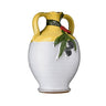 Hand-painted ceramic jug with yellow and green accents, featuring olives and leaves design, containing extra virgin olive oil.