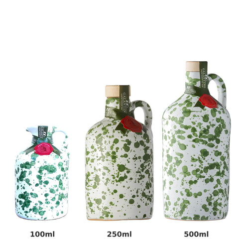 Fantasia Green EVOO Ceramic Bottle Size Comparison 100ml 250ml 500ml