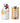 White ceramic olive oil bottle with hand painted orange design and orange and white striped olive oil tin. 