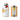 White ceramic olive oil bottle with hand painted orange design and orange and white striped olive oil tin. 