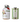 White ceramic bottle with decorative elements and a green and white canister on a white background
