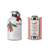 White ceramic olive oil bottle with red pepper design and a tin of olive oil on a white background