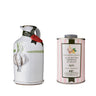 Olive oil ceramic bottle and olive oil tin with Galantino branding on a white background
