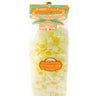 Packaged Gluten Free Calamarata Liscia pasta in a clear plastic bag with branding and product information displayed on an orange label.