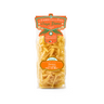 Packaged Gluten Free Casarecce pasta in a clear plastic bag with branding and product information displayed on an orange label.