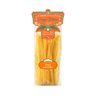 Packaged gluten-free fettuccine pasta in a clear plastic bag with branding and product information and an orange label