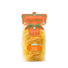 Packaged Gluten Free Fusilli Corti pasta in a clear plastic bag with branding and product information displayed on an orange label.