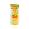 Packaged Gluten Free Paccheri lisci pasta in a clear plastic bag with branding and product information displayed on an orange label.