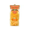 Packaged Gluten Free Paccheri Rigati pasta in a clear plastic bag with branding and product information displayed on an orange label.