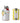 White ceramic lemon olive oil bottle next to a can of Galantino lemon olive oil on a white background