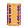 A can of Italianavera tomato puree with orange packaging and purple heart patterns.