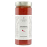 A jar of Arrabbiata tomato sauce with chili peppers with a white label on a white background