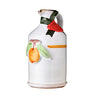 A ceramic bottle of Galantino's Orange Extra Virgin Olive Oil with hand-painted decorations depicting an orange and leaves.