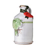 A ceramic bottle of Galantino's extra virgin olive oil with hand-painted decorations depicting olives and leaves.