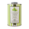 Tin of green and white striped galantino basil flavored oil on a white background