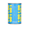 A can of Italianavera whole peeled Italian tomatoes. The can is blue with a pattern of yellow hearts.