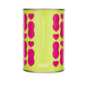 Green tin can of tomatoes with pink hearts on the can