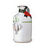 A ceramic bottle of Galantino garlic extra virgin olive oil with a hand-painted design featuring olives and a garlic bulb.