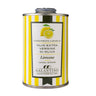 Galantino lemon flavored olive oil in a yellow and white striped tin on a white background