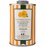 Large tin of Galantino orange olive oil on a white background
