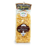Packaged letter-shaped pasta in a clear plastic bag with branding and product information displayed.