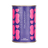 A tin can of Italianavera crushed tomatoes with a purple label featuring pink hearts.