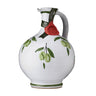 Hand-painted ceramic jug with green and brown olive branch designs, filled with extra virgin olive oil.