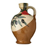 A hand-painted ceramic jug with olive branch patterns, primarily in beige and brown colors, filled with extra virgin olive oil.